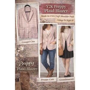 Be Divine Pink Plaid Blazer Jacket Y2K Preppy Grandmacore Made in USA‎